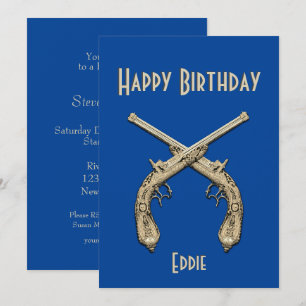Invitation Gold Crossed Pistols Blue Anniversaire