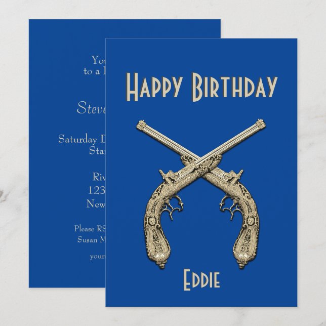 Invitation Gold Crossed Pistols Blue Anniversaire (Devant / Derrière)