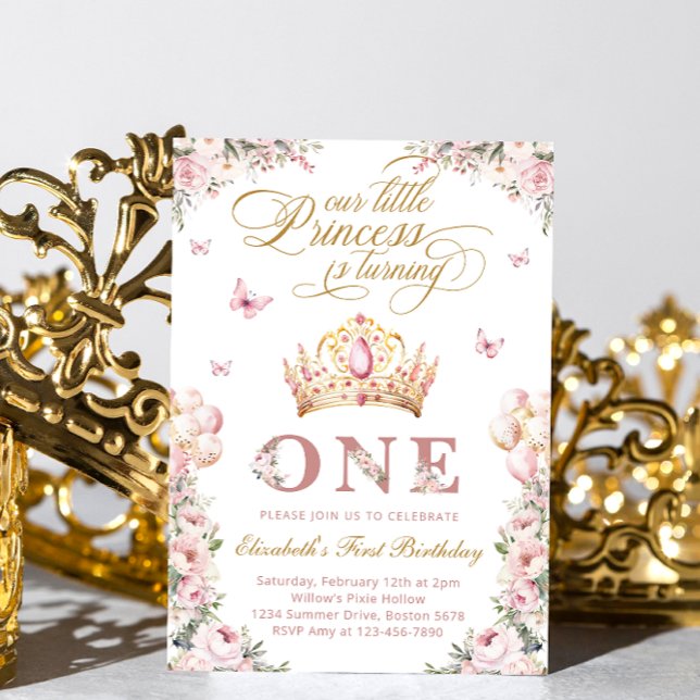 Invitation Gold Crown Princess Blush rose Floral Anniversaire (Créateur téléchargé)