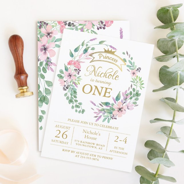 Invitation Gold Crown Princess Floral Girl 1er anniversaire (Créateur téléchargé)