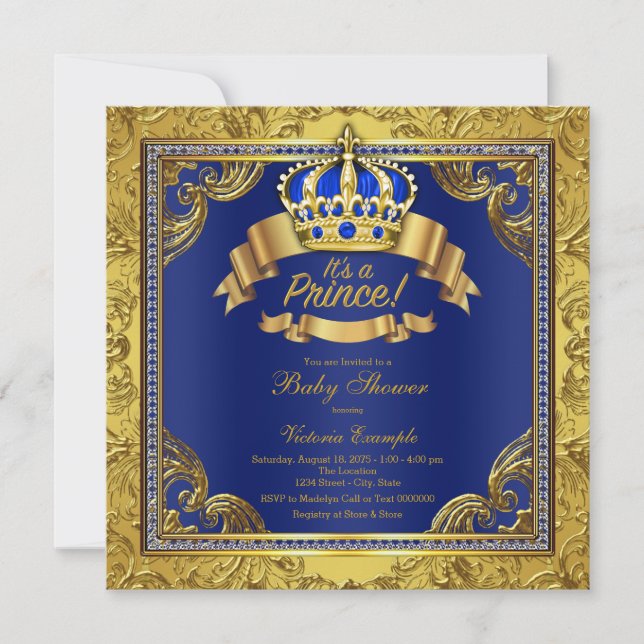 Invitation Gold Crown Royal Blue Prince Baby shower (Devant)