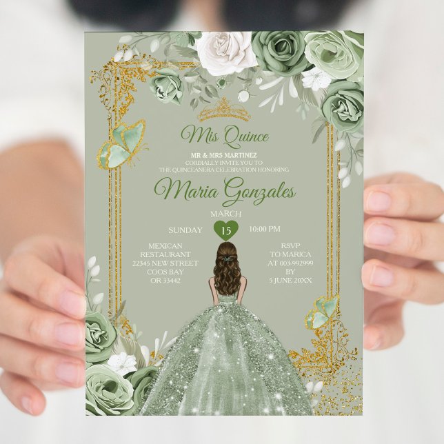 Invitation Gold Crown Sage Green Mis Quince 15 robes Anos (Créateur téléchargé)