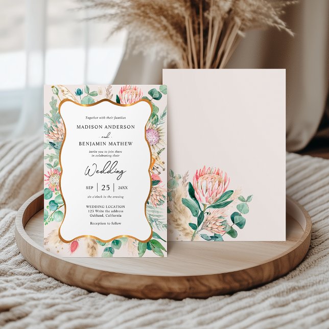 Invitation Gold Curvy Eucalyptus Pampas Grass Protea Wedding (Créateur téléchargé)