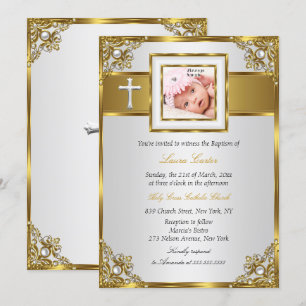 Invitation Gold Damask Cross Photo Baptême Christening 2
