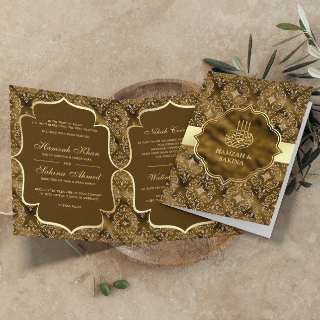 Invitation Gold Damask Moss Brown musulman musulman Mariage (Créateur téléchargé)