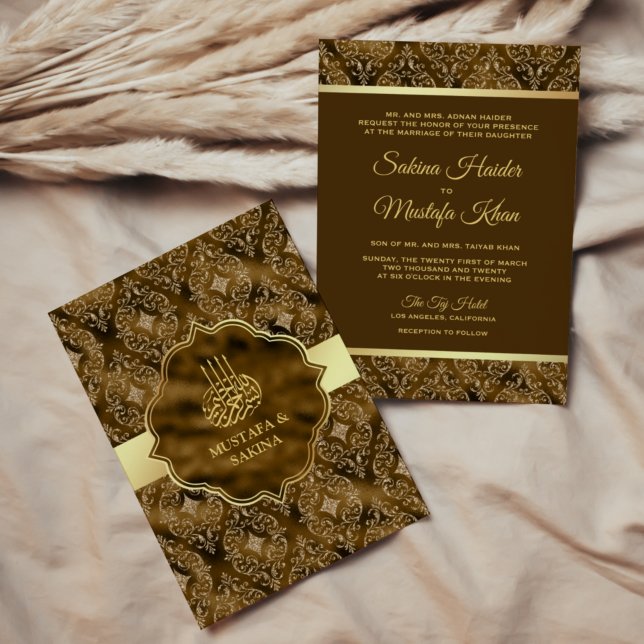 Invitation Gold Damask Moss Brown musulman musulman Mariage (Créateur téléchargé)