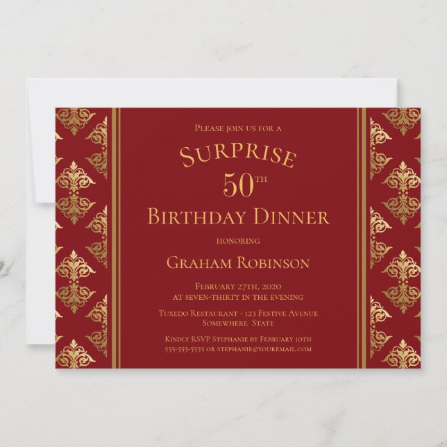 Invitation Gold Damask Red Surprise Dîner 50e anniversaire (Devant)