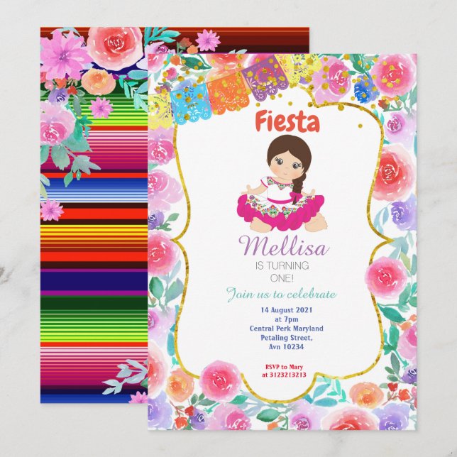Invitation Gold de la Fille Mexicaine Pink (Devant / Derrière)