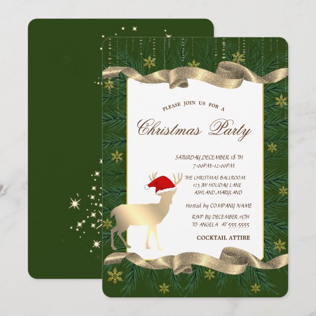 Invitation Gold Deer Santa Hat, Branches Green Christmas Part (Devant / Derrière)