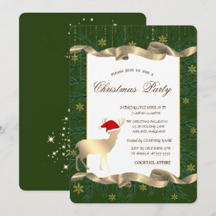 Invitation Gold Deer Santa Hat, Branches Green Christmas Part