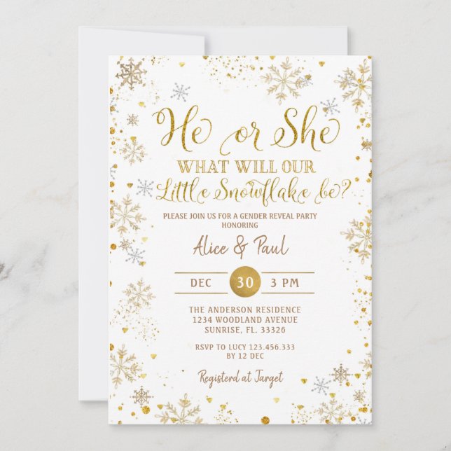 Invitation Gold d'hiver Il ou elle Fête de révélation de genr (Devant)