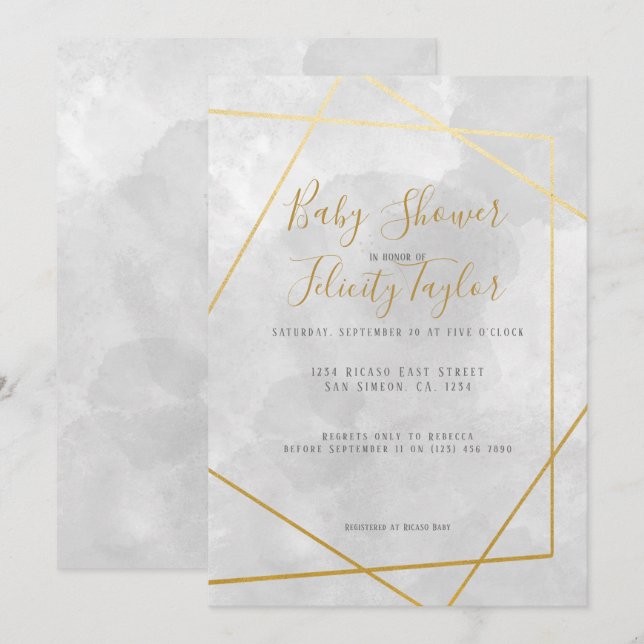 Invitation Gold Diamond Gray Aquarelle Baby shower (Devant / Derrière)