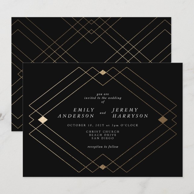 Invitation Gold Diamond noir Géométrique Mariage Gatsby (Devant / Derrière)