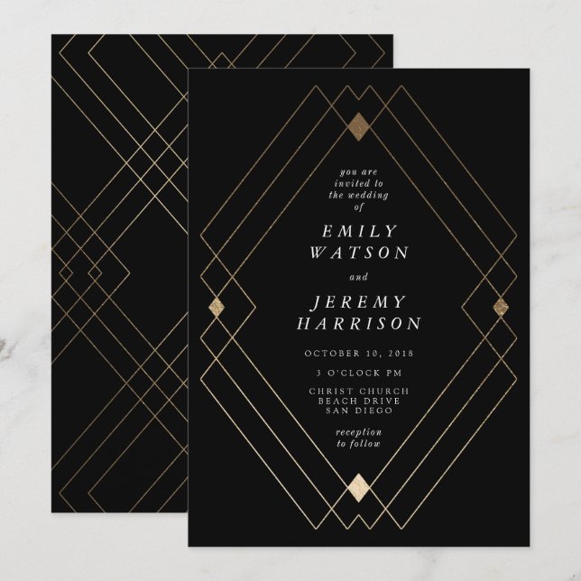 Invitation Gold Diamond noir Géométrique Mariage Gatsby (Devant / Derrière)
