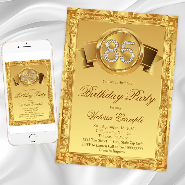 Invitation Gold Diamond Swirl Womans 85e anniversaire (85th birthday party invitation with diamond numbers on a beautiful gold background. )