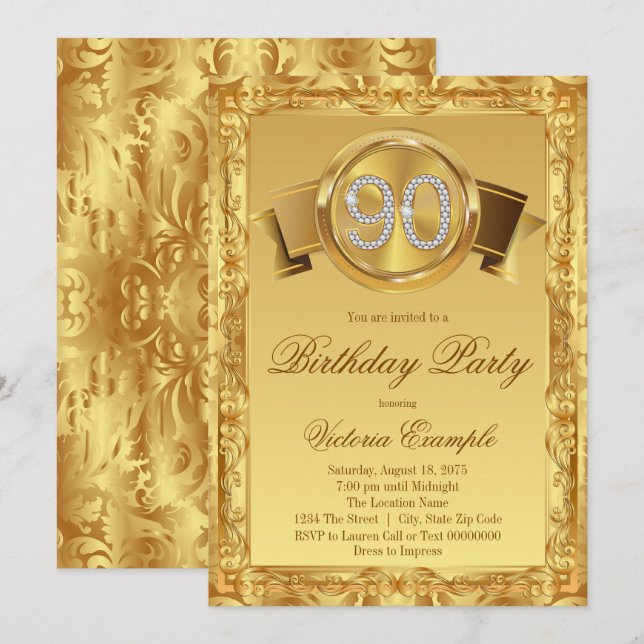 Invitation Gold Diamond Swirl Womans 90e anniversaire (Devant / Derrière)