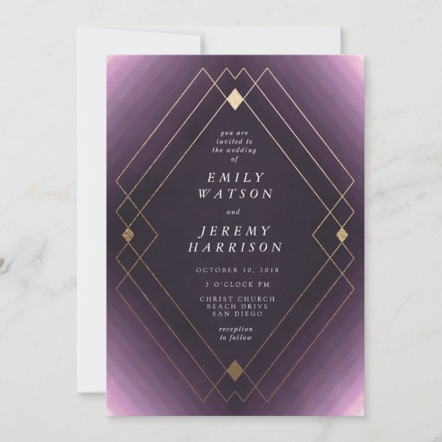 Invitation Gold Diamond violet Mariage géométrique Gatsby (Devant)