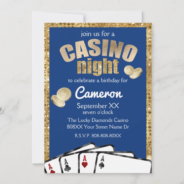 Invitation Gold Diamonds Blue Casino Soirée (Devant)