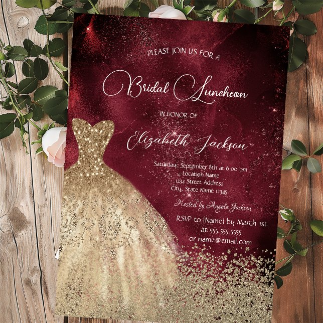 Invitation Gold Diamonds Dress Dark Red Bridal Luncheon (Créateur téléchargé)
