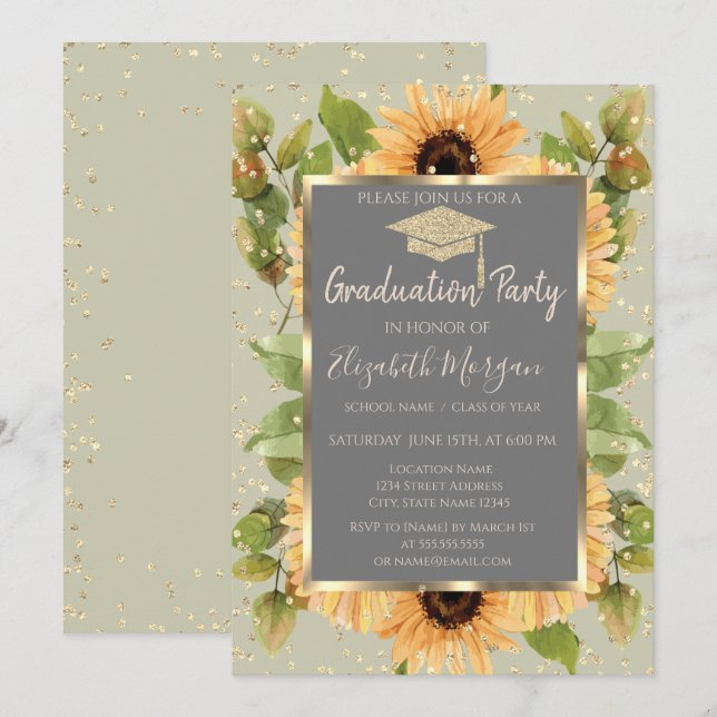 Invitation Gold Diamonds Sunflowers Graduation (Devant / Derrière)