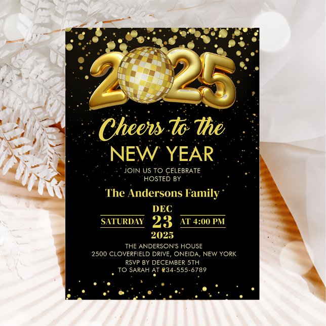 Invitation Gold Disco Ball Cheers New Years Eve Party 2025 (Créateur téléchargé)