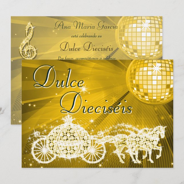 Invitation Gold Disco Ball, Princess Coach & Horses Sweet 16 (Devant / Derrière)