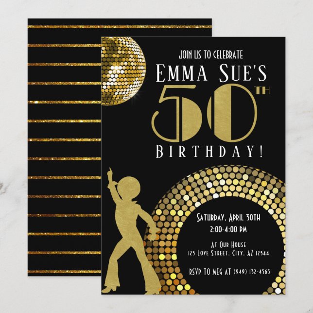 Invitation Gold Disco Ball Studio 54 Party 50e anniversaire (Devant / Derrière)