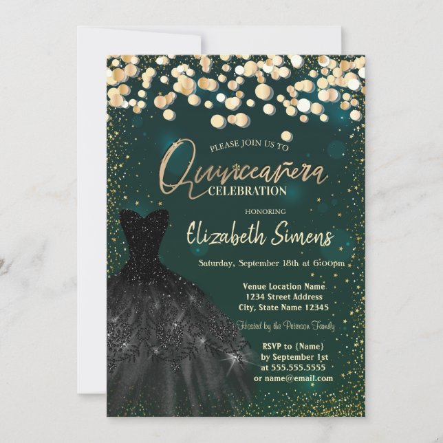 Invitation Gold  Dots,Black Dress Green Quinceañera (Devant)