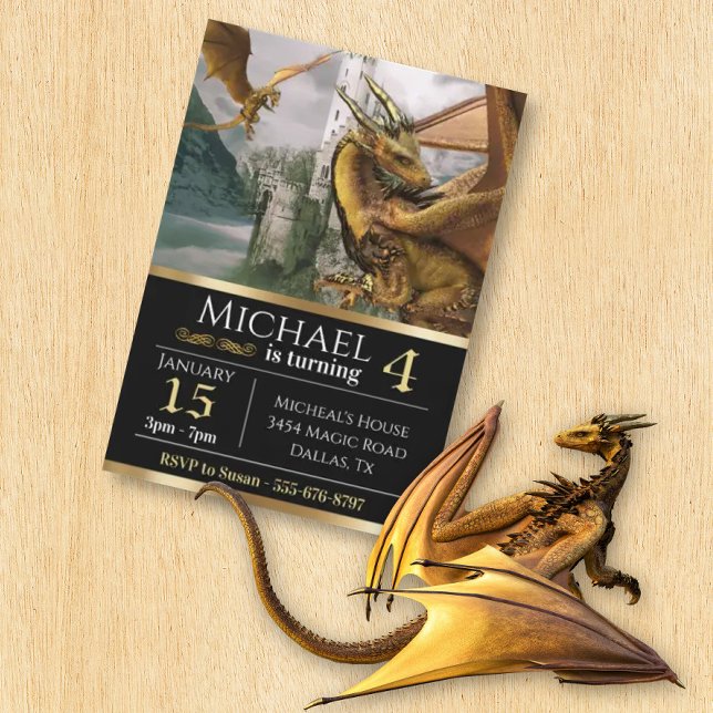 Invitation Gold Dragon Château médiéval Imaginaire Anniversai (Créateur téléchargé)
