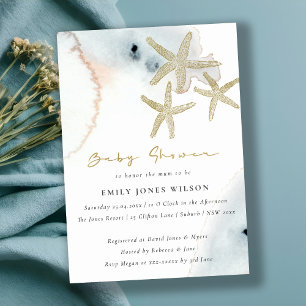 Invitation Gold Dusky Blue Beachy Starfish Baby shower