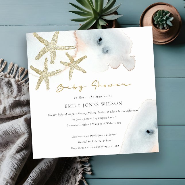 Invitation Gold Dusky Blue Peach Beach Starfish Baby shower (Créateur téléchargé)
