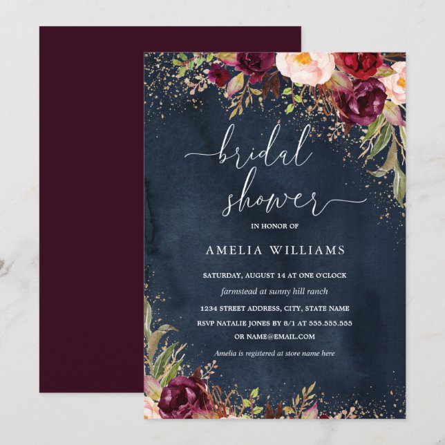 Invitation Gold Dust Burgundy Marine Fête des mariées florale (Devant / Derrière)