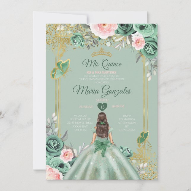 Invitation Gold Dusty Green Pink Mis Quince 15 Anos (Devant)