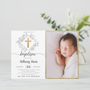 Invitation Gold Dusty Grey Baptism avec photo