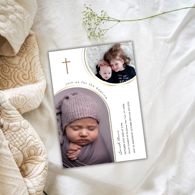 Invitation Gold Elegant Arch Cross Multi Photo Baptism (Gold Elegant Arch Cross Multi Photo Baptism Invitation)