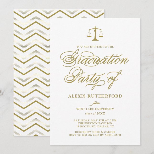 Invitation Gold Elegant Script Law School Graduation (Devant / Derrière)