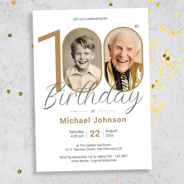 Invitation Gold Elegant Simple Photo 100th Birthday Party (Mockup View)