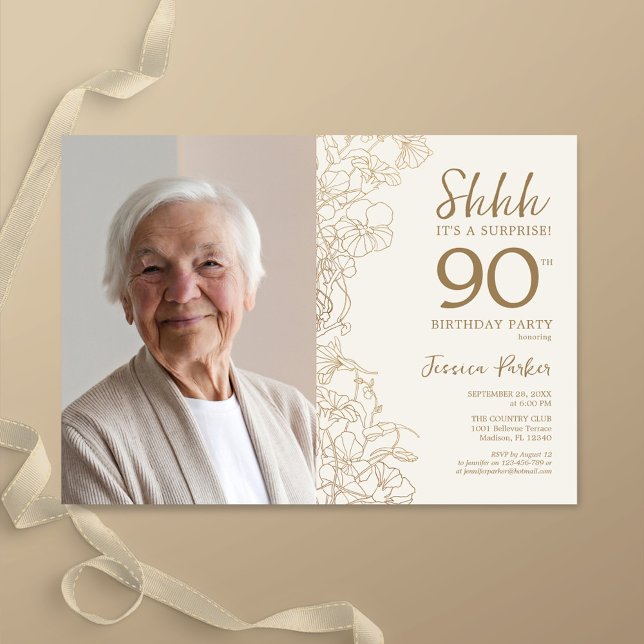 Invitation Gold Elegant Surprise Photo 90e anniversaire (Créateur téléchargé)