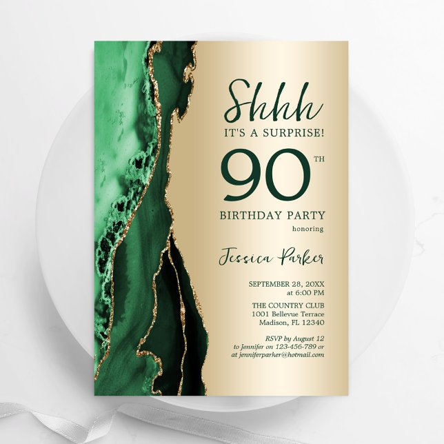 Invitation Gold Emerald Green Agate Surprise 90e anniversaire (Créateur téléchargé)