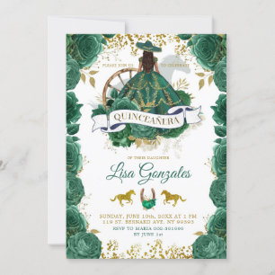 Invitation Gold Emerald Green Rose Western Quinceañera