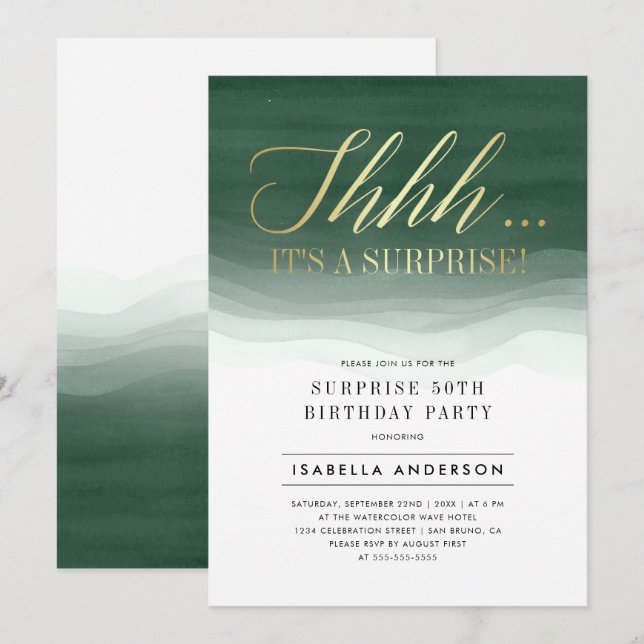 Invitation Gold & Emerald Vert Aquarelle Surprise Anniversair (Devant / Derrière)