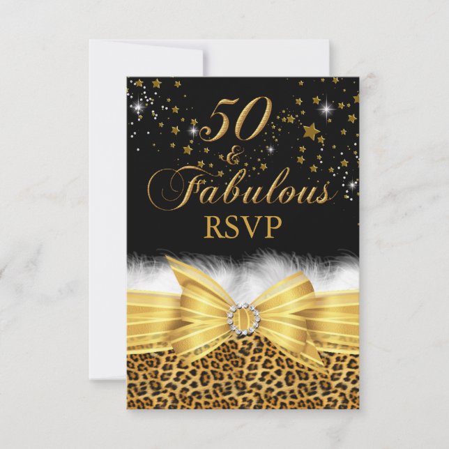 Invitation Gold Empreinte de léopard & Bow 50 & Fabuleux RSVP (Devant)