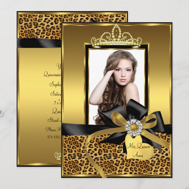 Invitation Gold Empreinte de léopard Bow Photo Quinceanera In (Devant / Derrière)