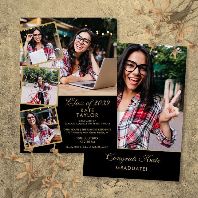 Invitation Gold et Black 5 photo Collage de la fête de gradua (Gold And Black 5 Photo Collage Graduation Party Invitation)