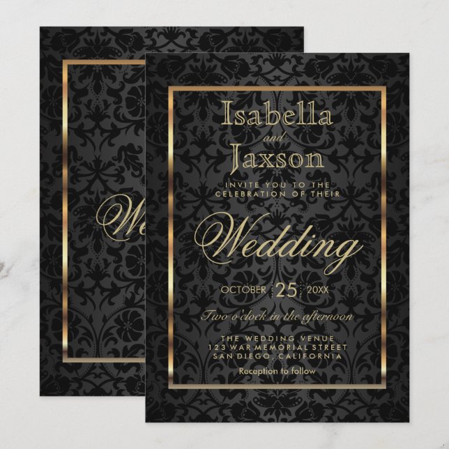 Invitation Gold et Black Damask (Devant / Derrière)