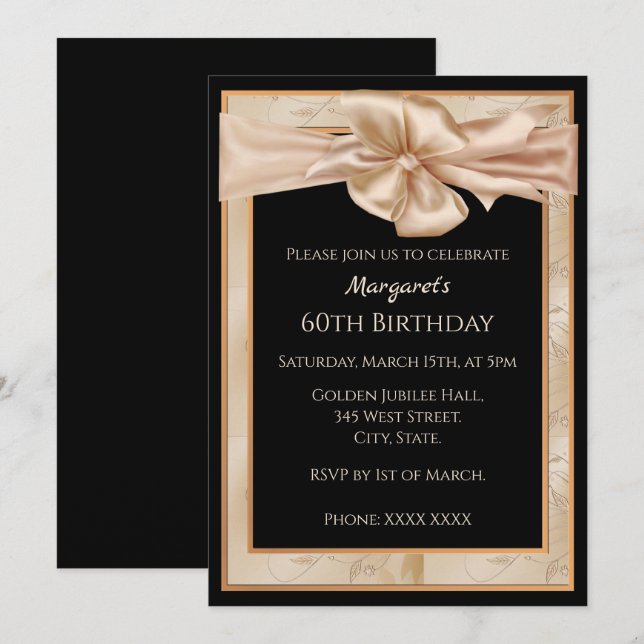 Invitation Gold et Black Elegant 60e anniversaire pour femmes (Devant / Derrière)