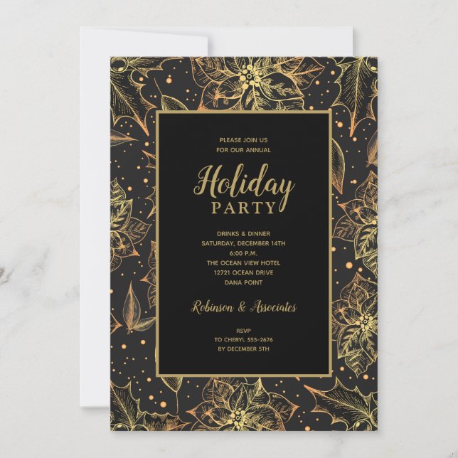 Invitation Gold et Black Floral Fête (Devant)