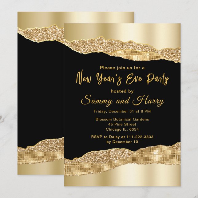 Invitation Gold et Black Glam Larmes fête de la Saint-Sylvest (Devant / Derrière)