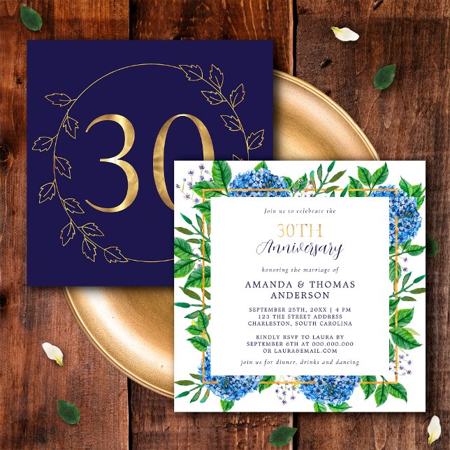 Invitation Gold et Blue Hydrangea 30e anniversaire de Mariage (Front / Back)