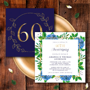 Invitation Gold et Blue Hydrangea 60e anniversaire de Mariage
